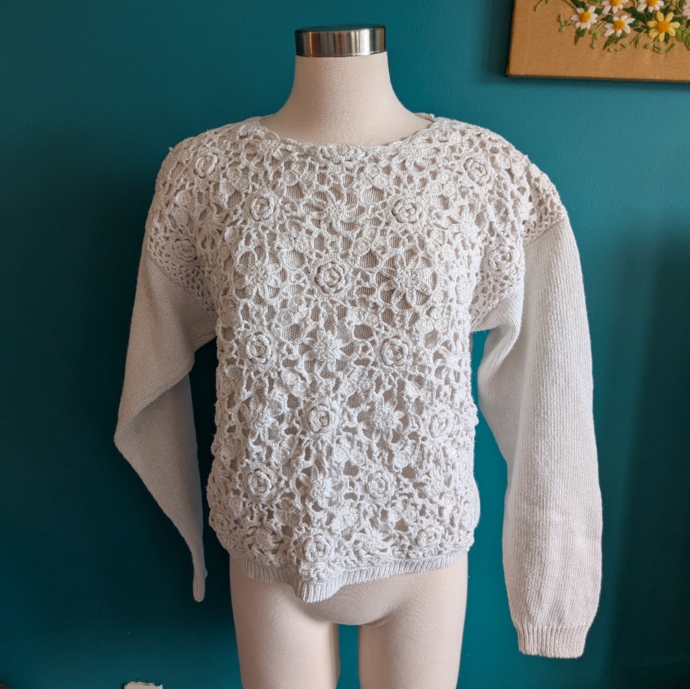 Vintage 90s crochet cotton ramie blend sweater size Large lace white neutral